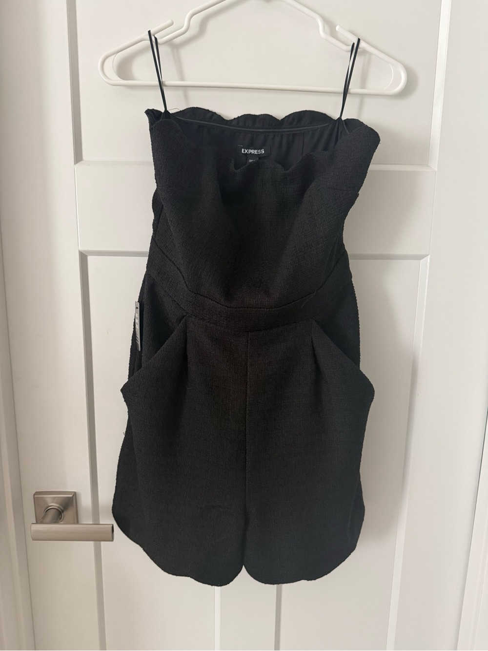 Express Black Strapless Scalloped Tweed Romper